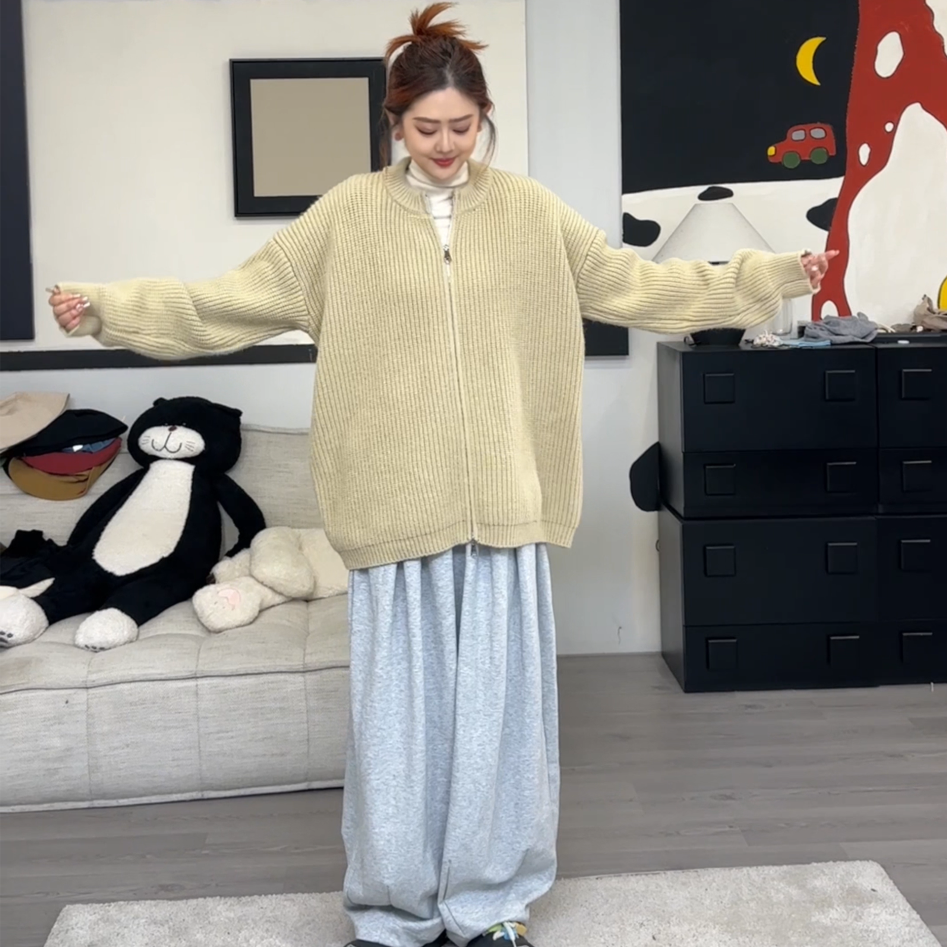 橘子罐头24新款宽松百搭休闲慵懒风韩版纯色半高领毛衣开衫外套