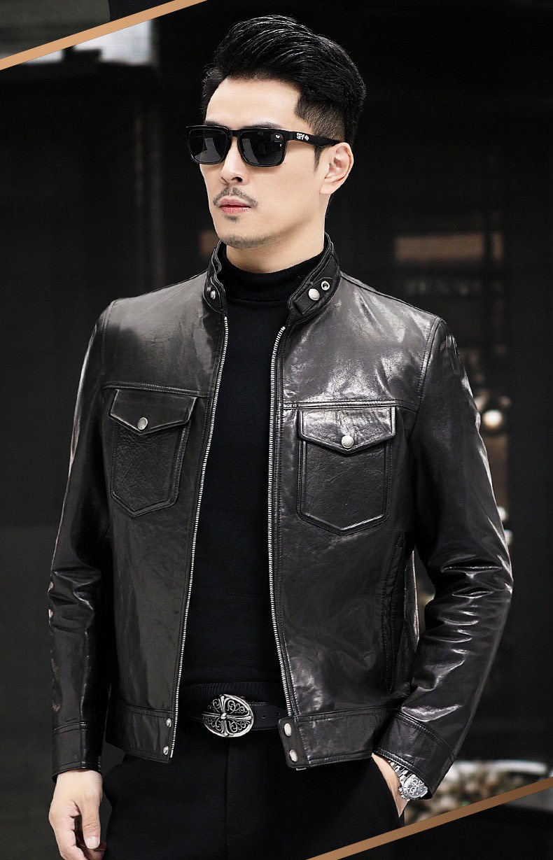 海宁真皮皮衣男装男款头层牛皮油蜡短款皮夹克立领单皮春秋薄外套