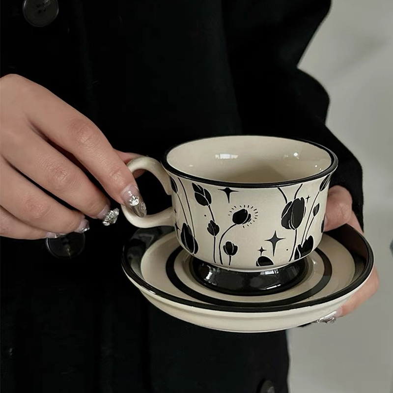 中古咖啡杯碟套装手绘拿铁杯下午茶陶瓷马克杯家用早餐杯情侣水杯