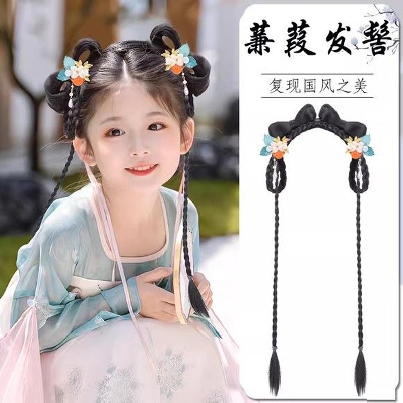 儿童汉服假发包盘发古装一体式发箍古风假发女童蝴蝶结小蒹葭发髻
