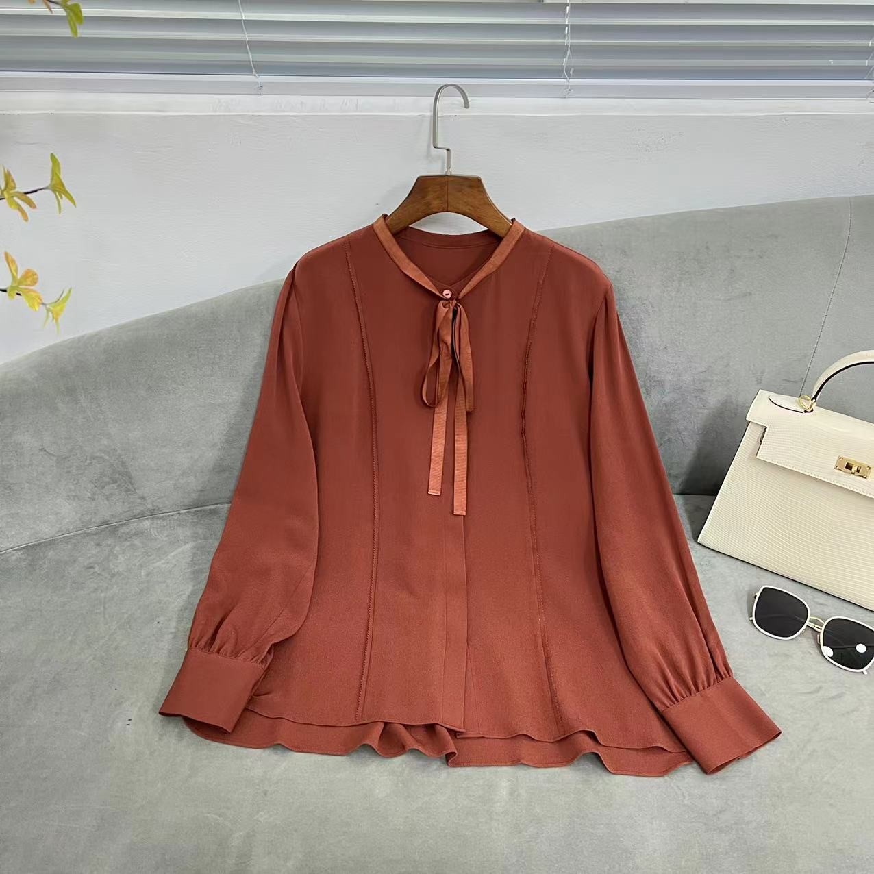 【花滿林】定染色对丝复古飘带鬼绉衬衫5398