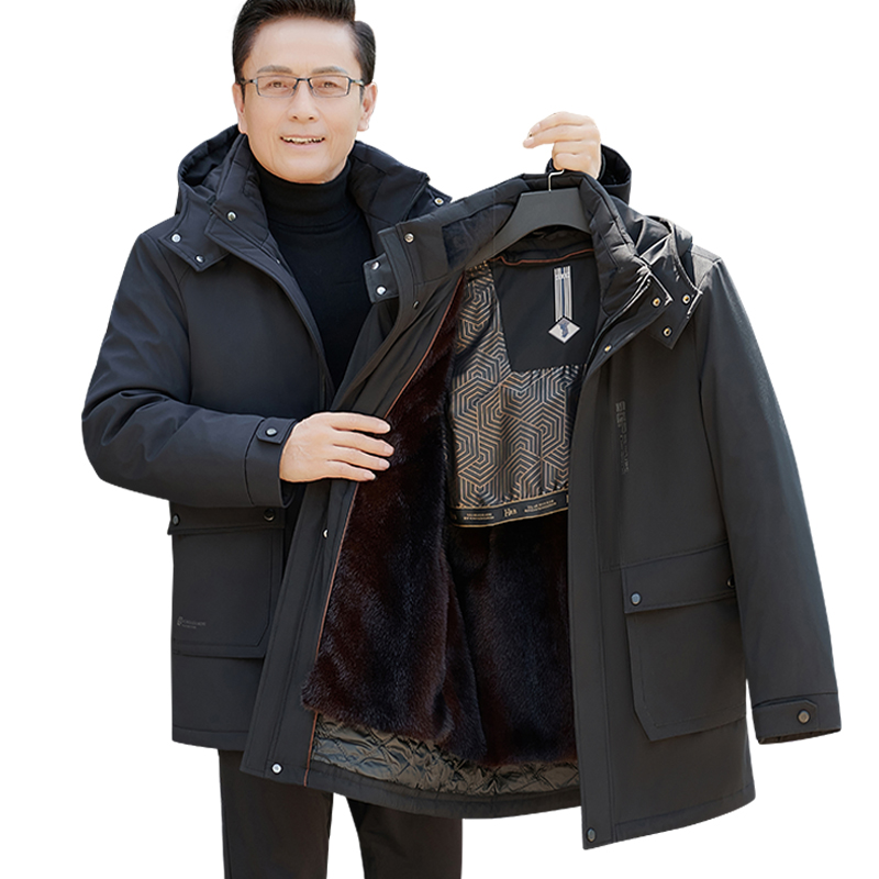 加肥加大可拆卸内胆棉衣男保暖中长款加绒加厚冬季爷爷棉服帽可拆