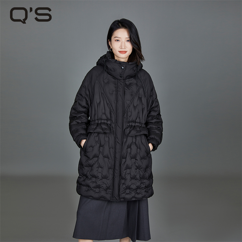 秸熙冬季新款3XD182立领连帽黑长羽绒服直充压花中长款外套
