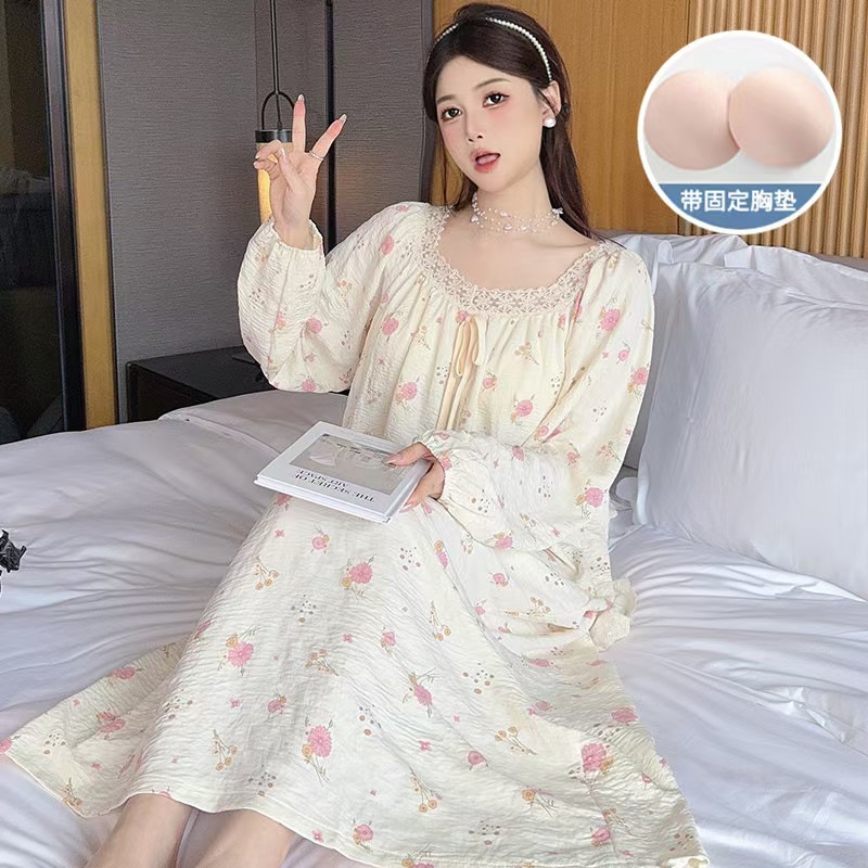 外贸韩版碎花春秋季带胸垫中长宽松网红长袖睡裙女家居服可外穿女