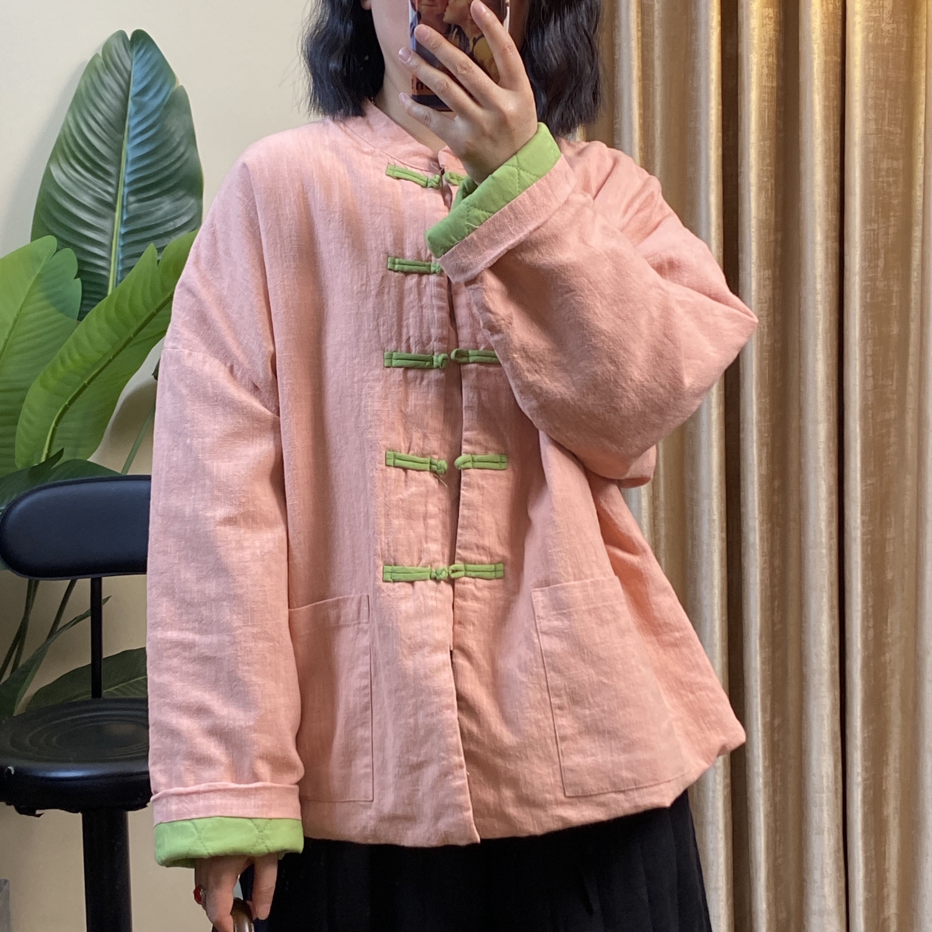 秋冬新款新中式盘口麻夹棉加厚小立领复古棉衣