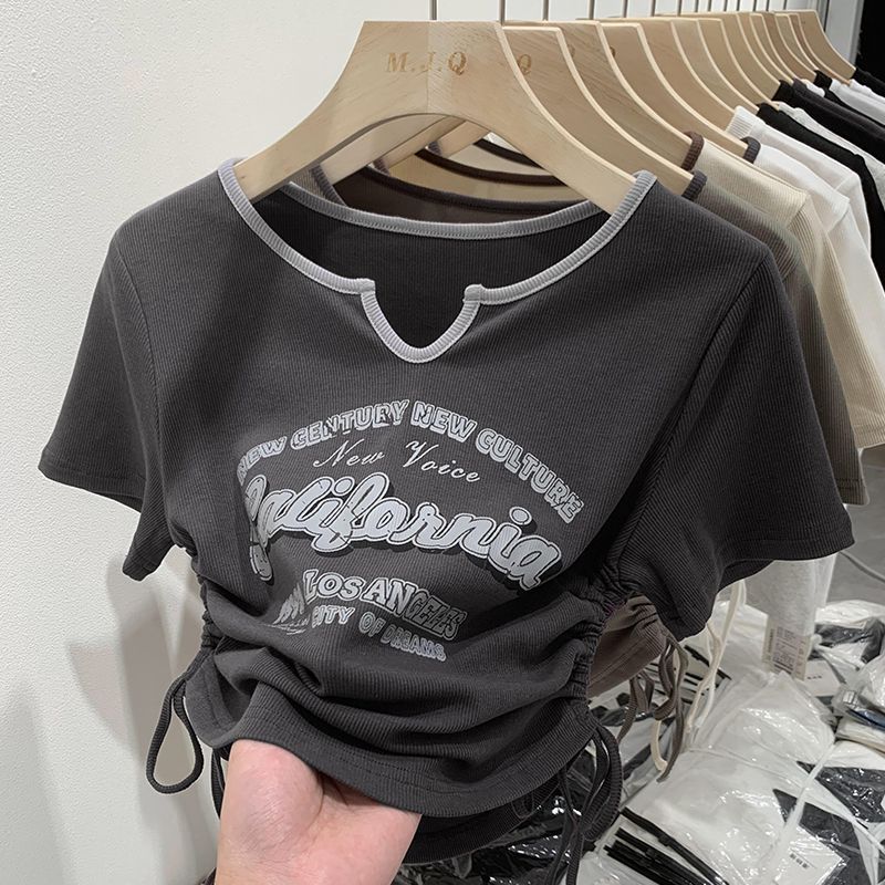 纯棉大码女装胖MM短袖t恤夏季设计感独特收腰不规则甜美短款上衣