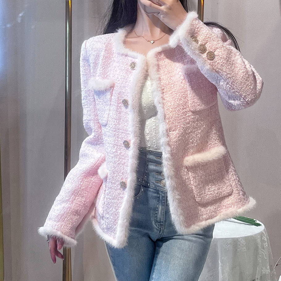 【设计师品牌】小香风羽绒外套貂毛拼接61141名媛时尚气质秋冬女装