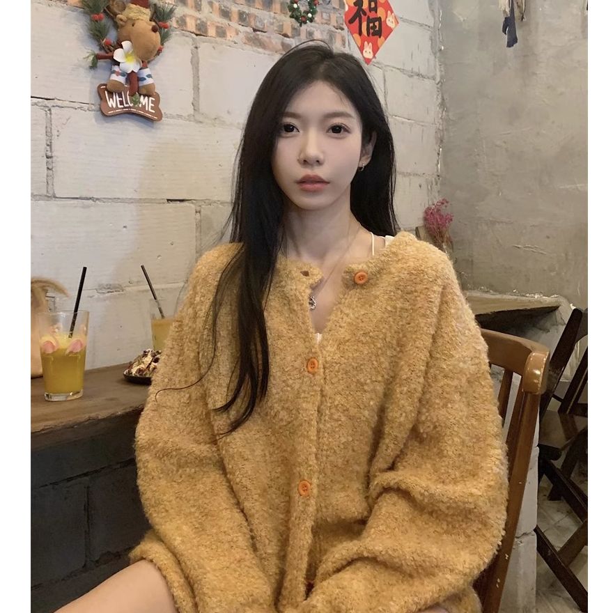 【秋季新款】黄色软糯毛衣外套女秋季显瘦外穿慵懒风长袖针织开衫