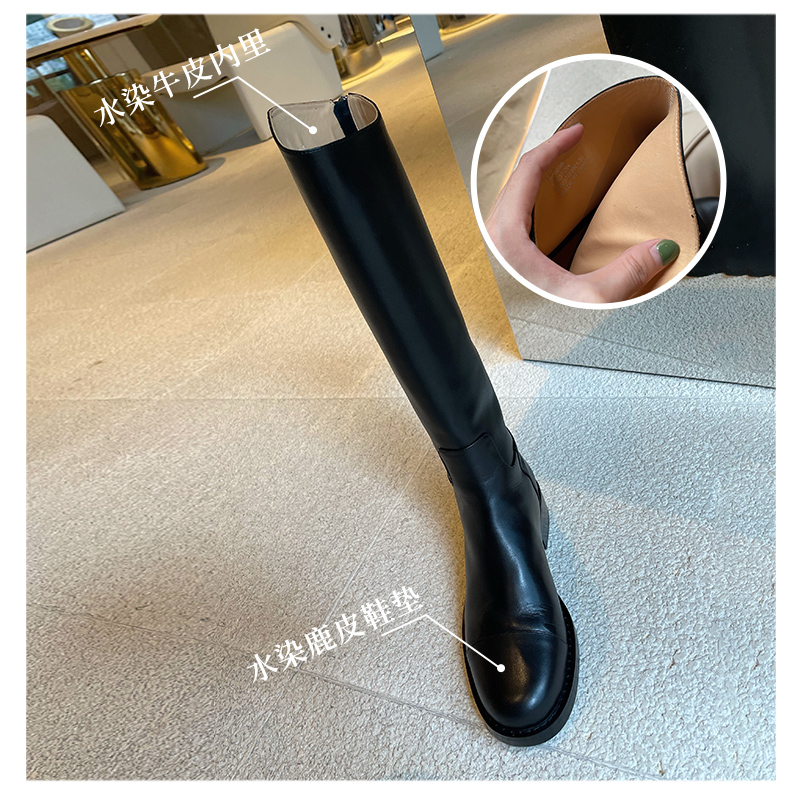 韦恩Wayneflex 长靴女鞋圆头骑士靴厚底百搭真皮高筒靴牛皮8009