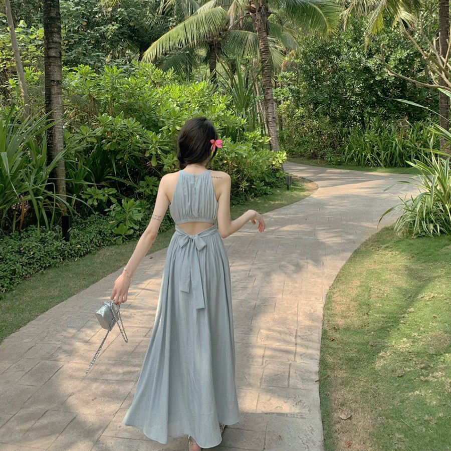 挂脖镂空绑带长裙~慵懒度假风连衣裙女气质圆领收腰长款无袖裙子