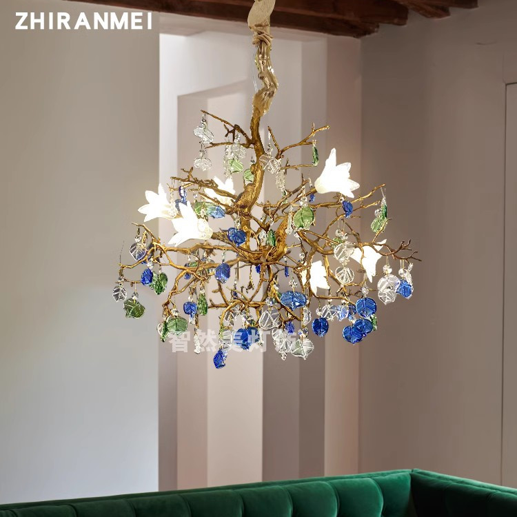 美式田园花朵吊灯轻奢后现代卧室灯创意水晶全铜蓝绿树叶茶室书房