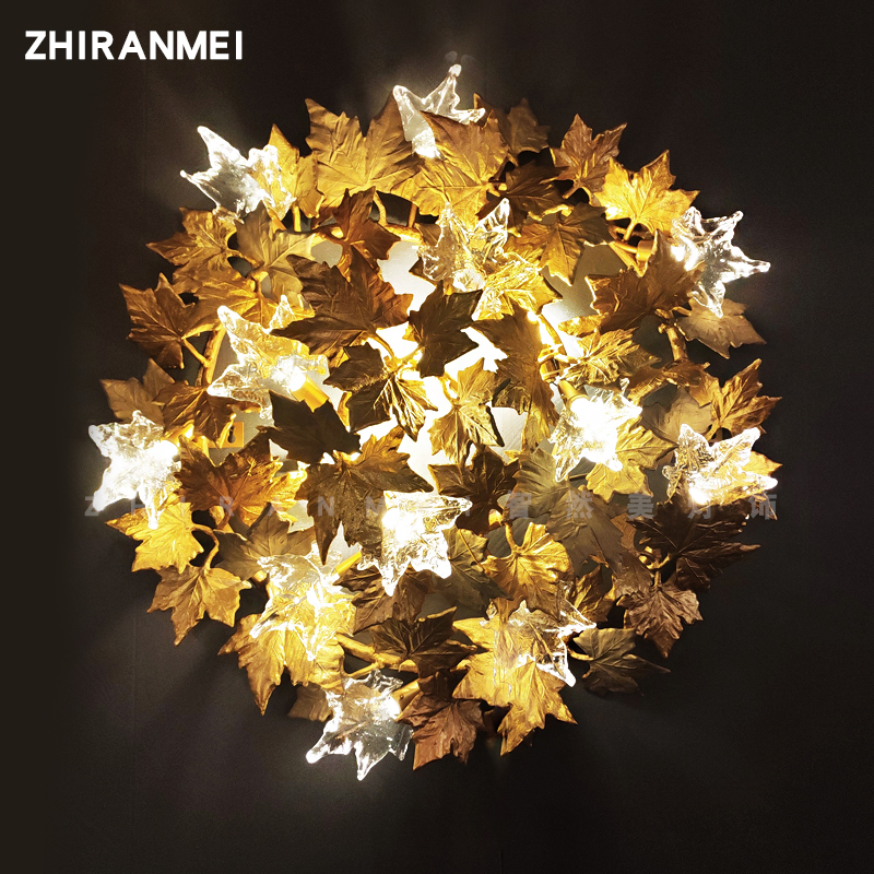 后现代轻奢全铜壁灯客厅电视背景墙过道简约卧室房间玻璃枫叶壁灯