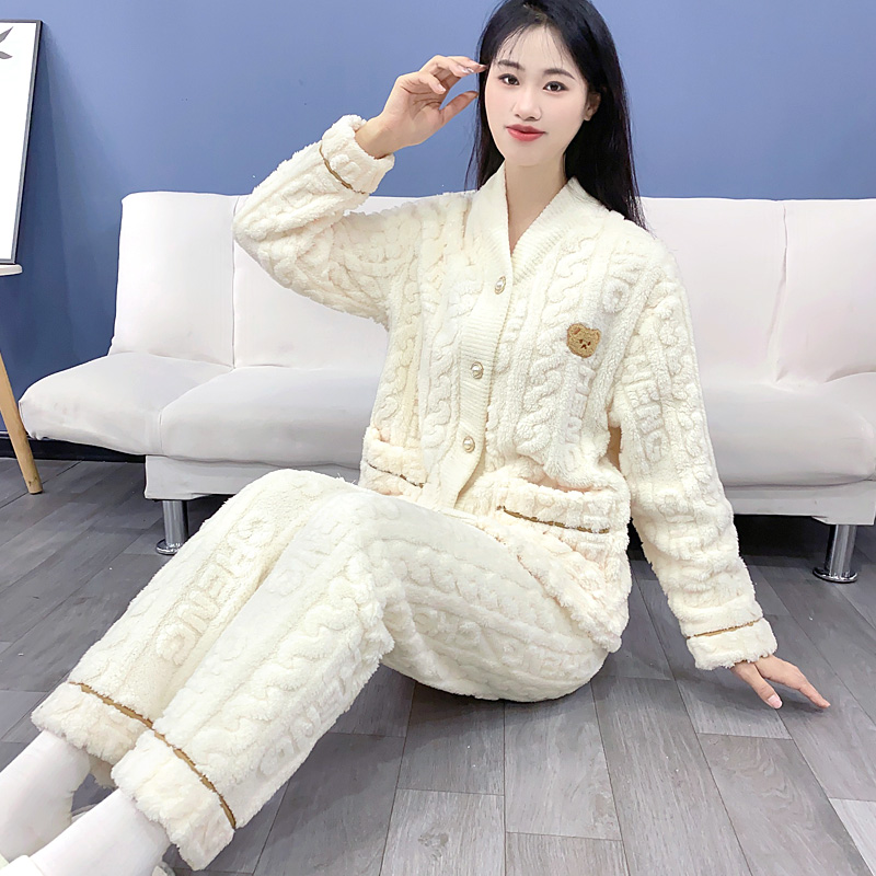 女士法兰绒睡衣加绒加厚保暖时尚冬款可外穿休闲家居服套装Y147