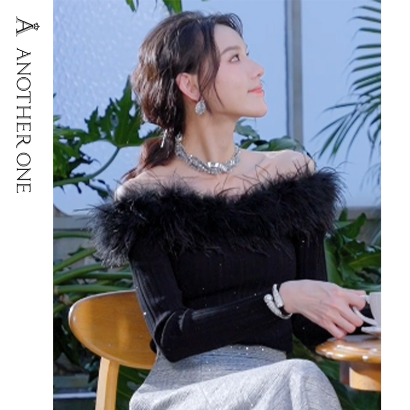 ANOTHER ONE安那迪新款设计师款轻奢针织衫女羽毛装饰