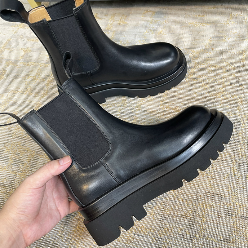 全牛皮新款切尔西靴女厚底短靴女鞋百搭时尚英伦风烟筒靴女真皮