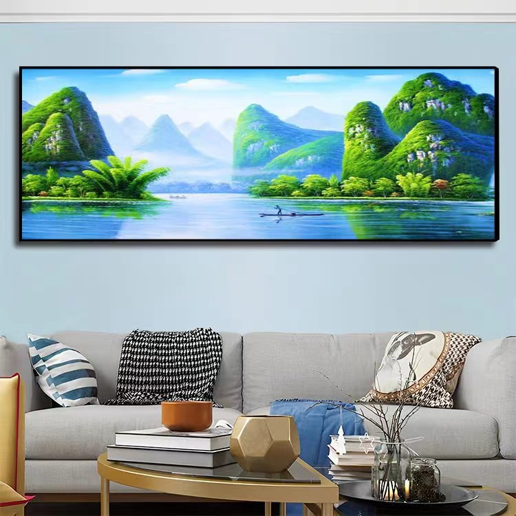 青山绿水-镶钻晶瓷画山水风景客厅沙发背景墙挂画卧室装饰灯光画