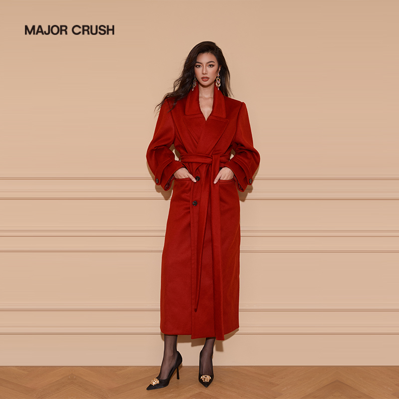 MAJOR CRUSH巴黎红外套经典翻驳领双排扣女士红色设计腰带款5978
