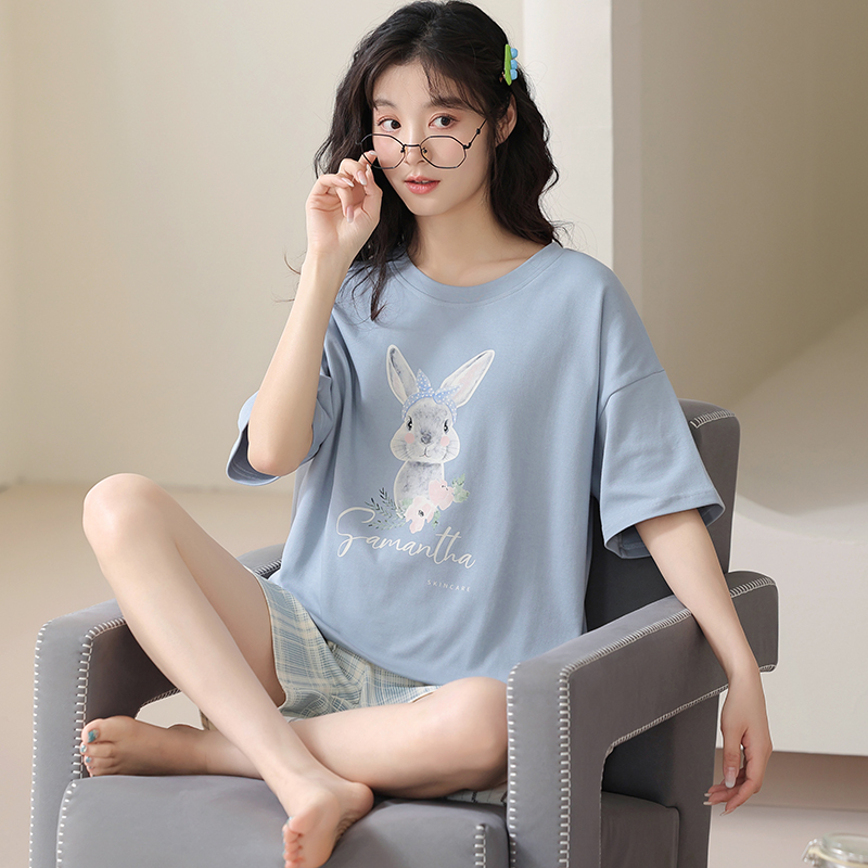 卡之恋睡衣女夏季蓝小兔胸垫短裤宽松休闲家居服套装