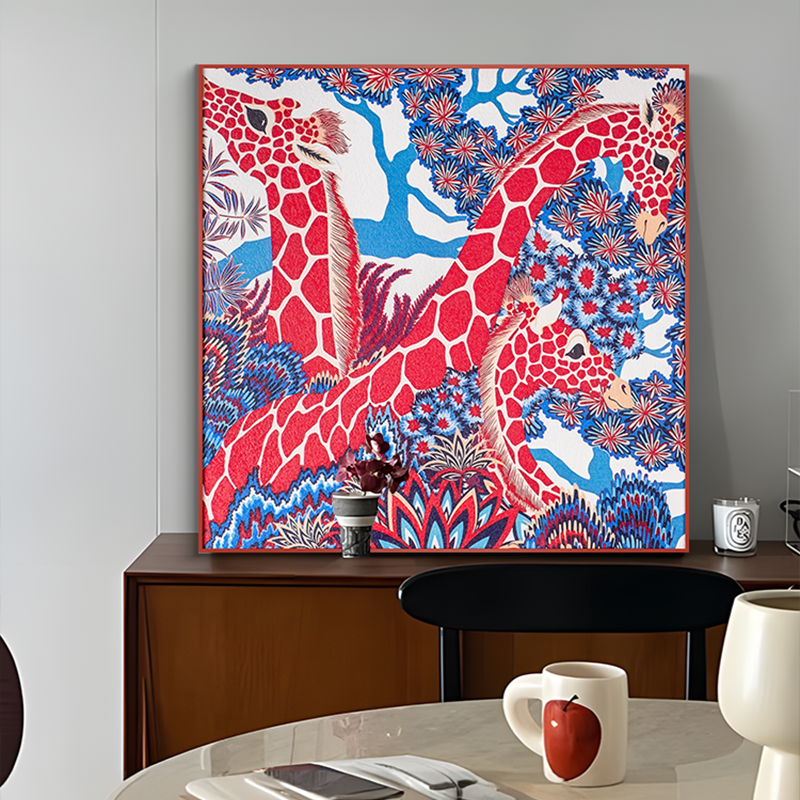 简约现代红色植物森林客厅砂岩装饰画 卧室背景墙挂画长颈鹿8080