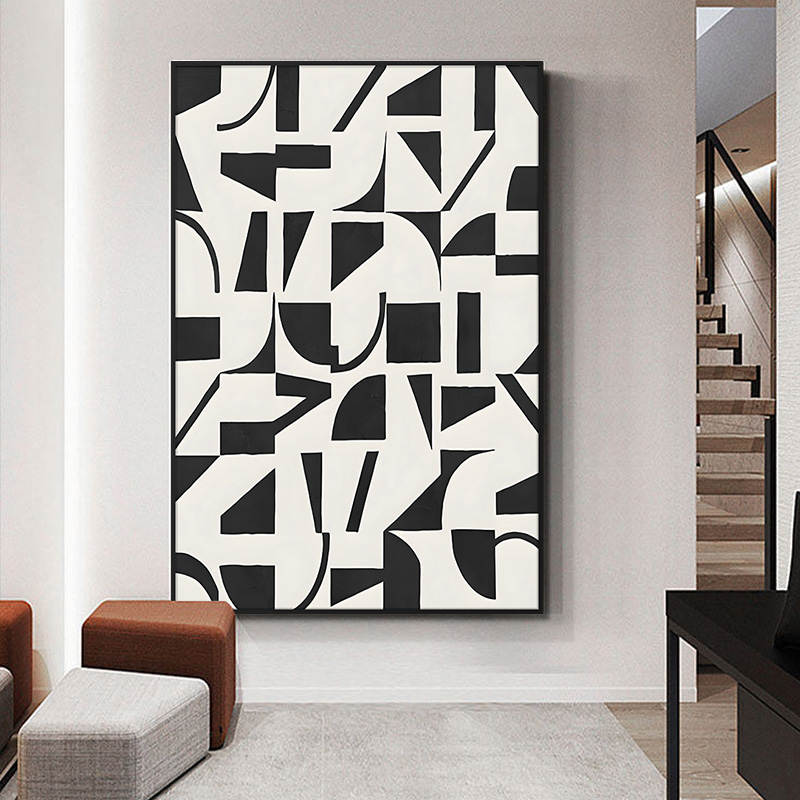 现代简约客厅几何装饰画轻奢风沙发背景墙抽象落地黑白格子120180