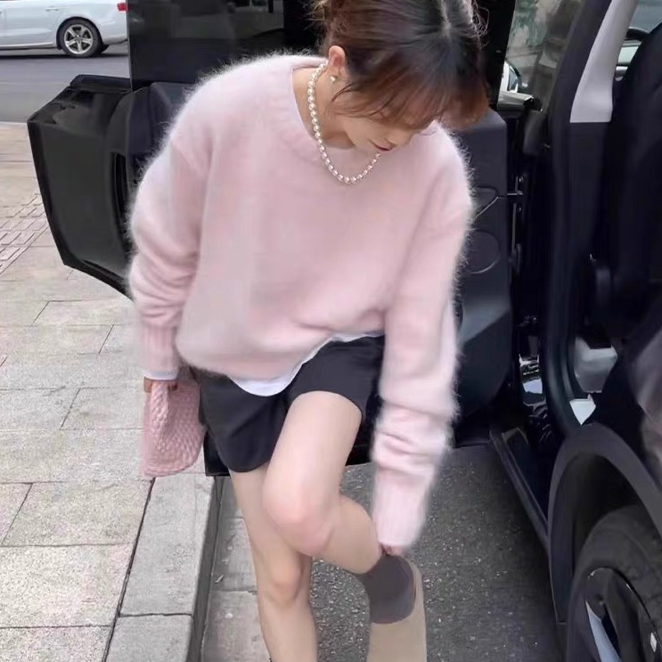 小个子粉色马海毛慵懒松弛感套头毛衣女秋冬软糯高级感针织衫上衣