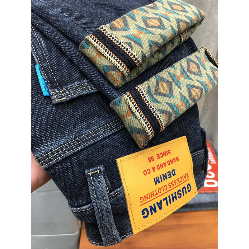 保暖加绒九分牛仔裤男冬季厚款抓绒裤脚格子印花修身小脚磨毛长裤