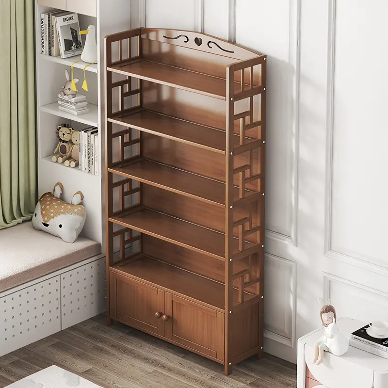 书架置物架落地客厅家用学生放书架子儿童书柜双门多层楠竹收纳架