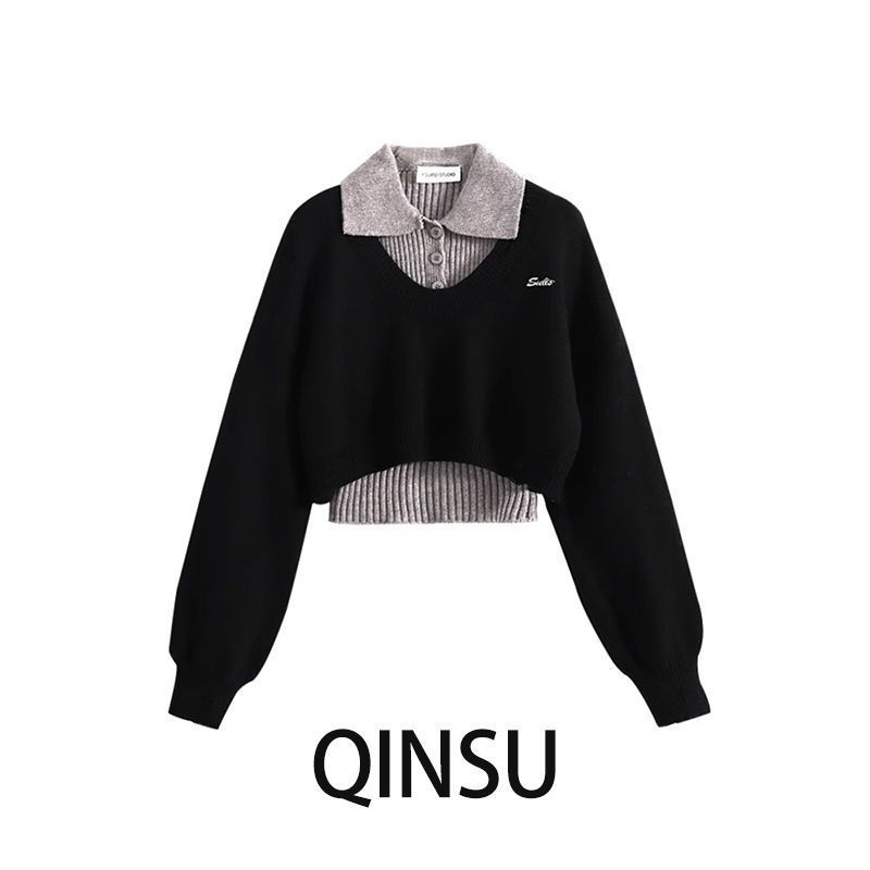 秋季韩系上衣女2024新款时尚Polo领减龄短款毛衣针织衫背心两件套