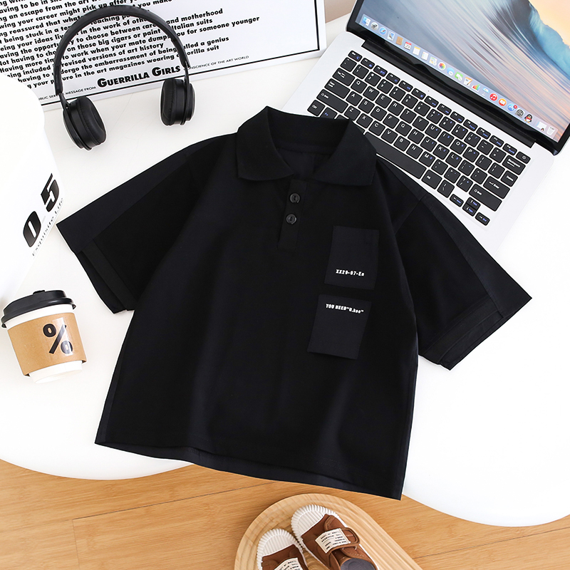 男童翻领polo衫黑色翻领百搭半袖韩版宽松2024夏款帅气