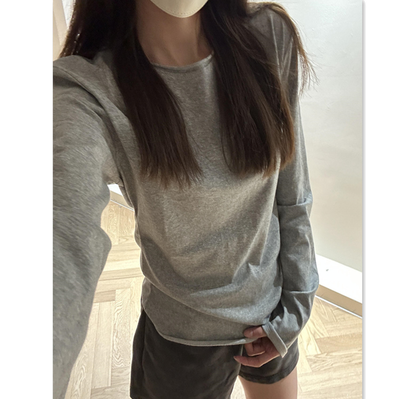 高级感灰色长袖T恤女春秋雅丹修身显瘦内搭打底baby蓝正肩上衣夏