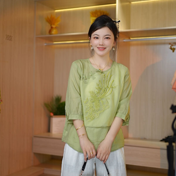 国风中式斜襟盘扣刺绣上衣女2024夏季新款新中式百搭修身女士衬衫