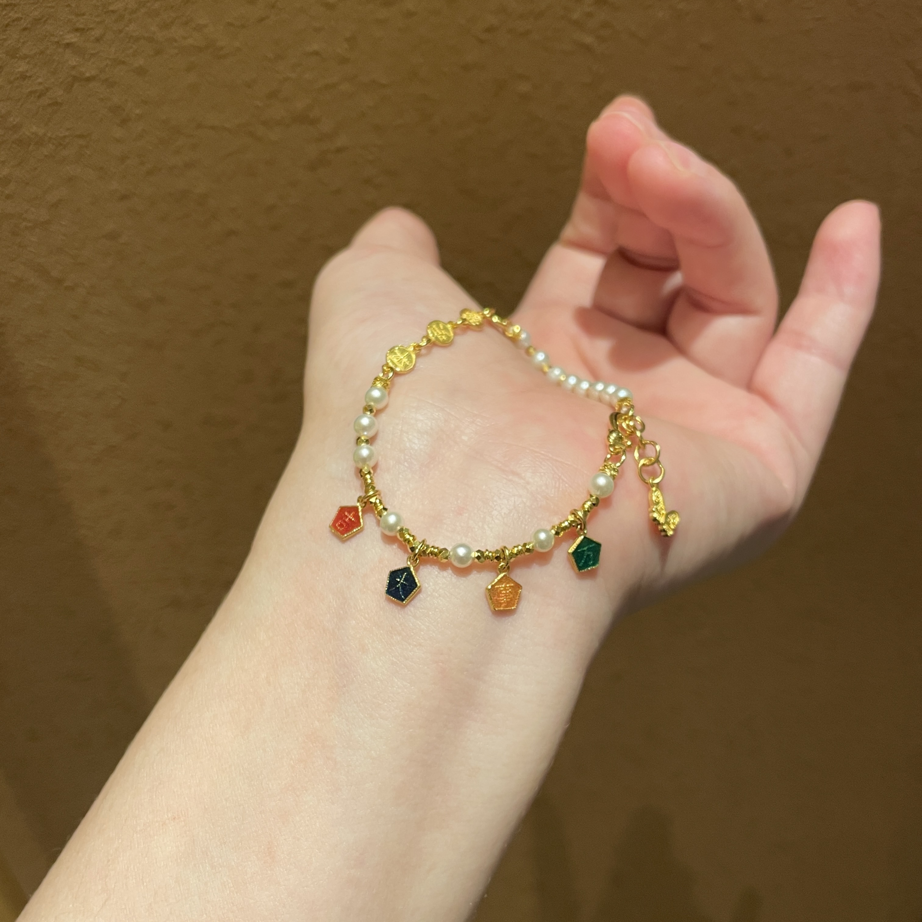 足金999 平安喜乐 万事大吉 欧若拉风黄金手链高温烧蓝金手链