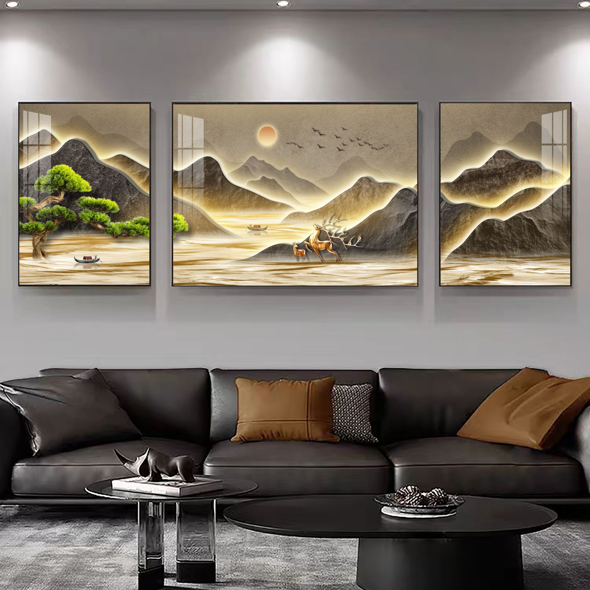 品兰【松韵流辉】新中式三联装饰画客厅壁画沙发背景墙壁挂画高档