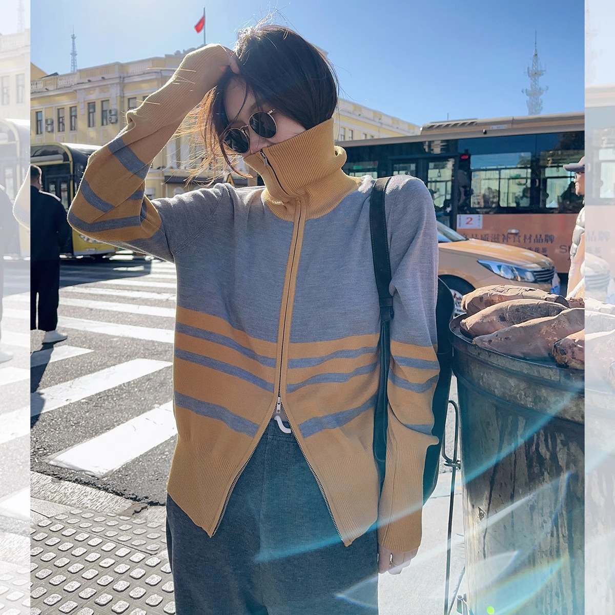 莉贝琳sisy条纹拉链毛衣全羊毛针织衫外套秋冬新款上衣女182892