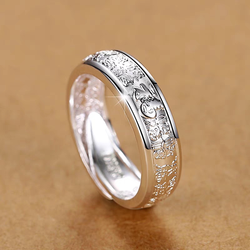 足银戒指 999足银亮面复古百福时尚个性简约霸气男戒可调节