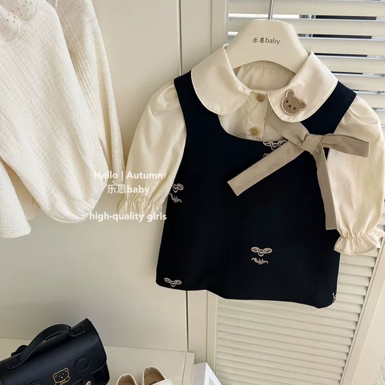 【乐恩童装】女童早秋冬新款卡通小熊衬衫+背心裙套装宝宝洋气春