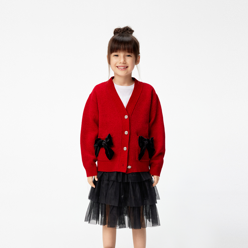 littlemoco童装25春装新款女童新中式长袖针织衫外套#KBE1CART03