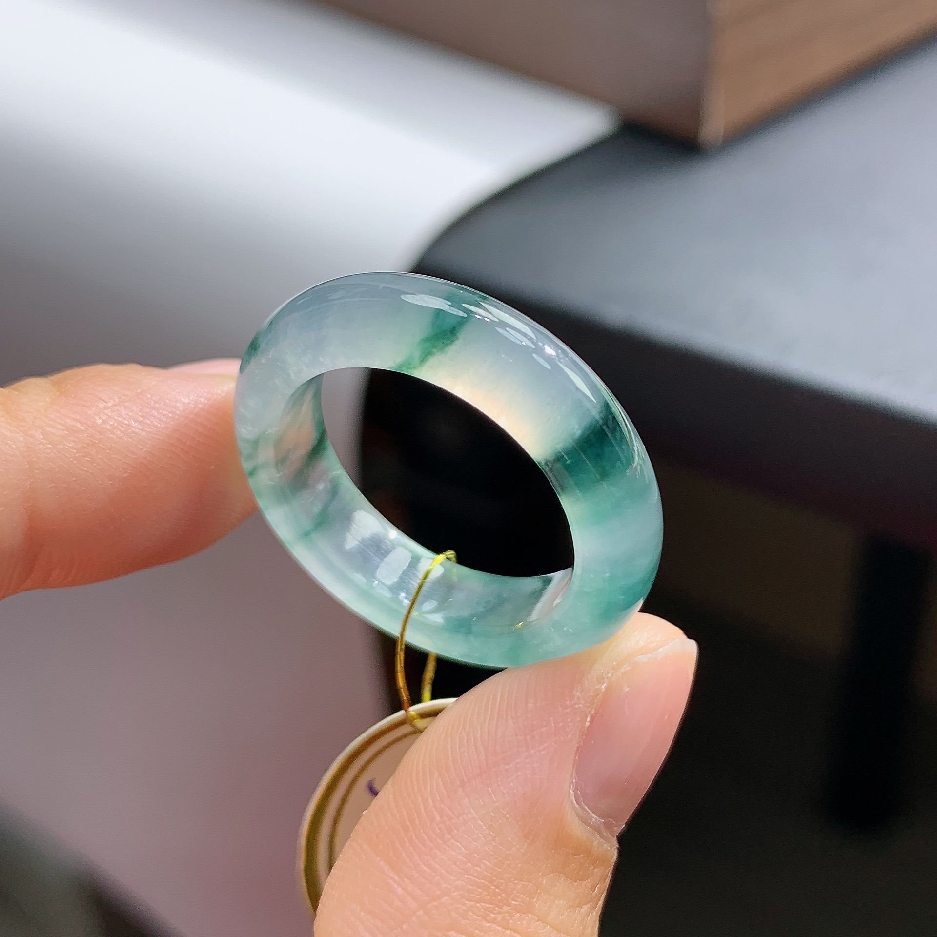 21号圈天然缅甸翡翠A货冰飘蓝花翡翠戒指19.4*5.8*4.2mm