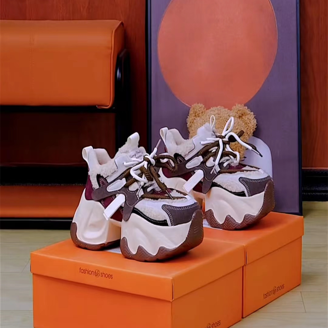 时尚加绒老爹鞋女款2023冬季新款厚底增高松糕女鞋百搭休闲运动鞋