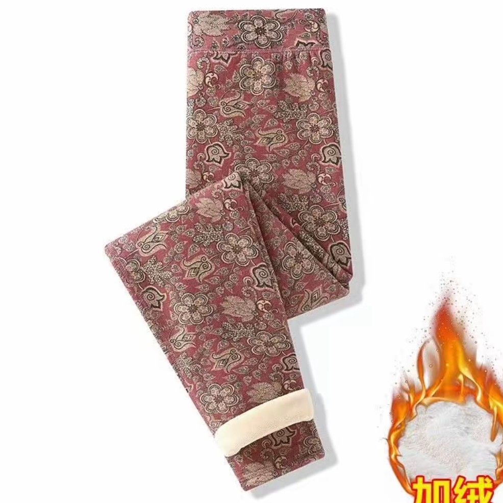 中老年女士冬季复合保暖加绒印花女裤