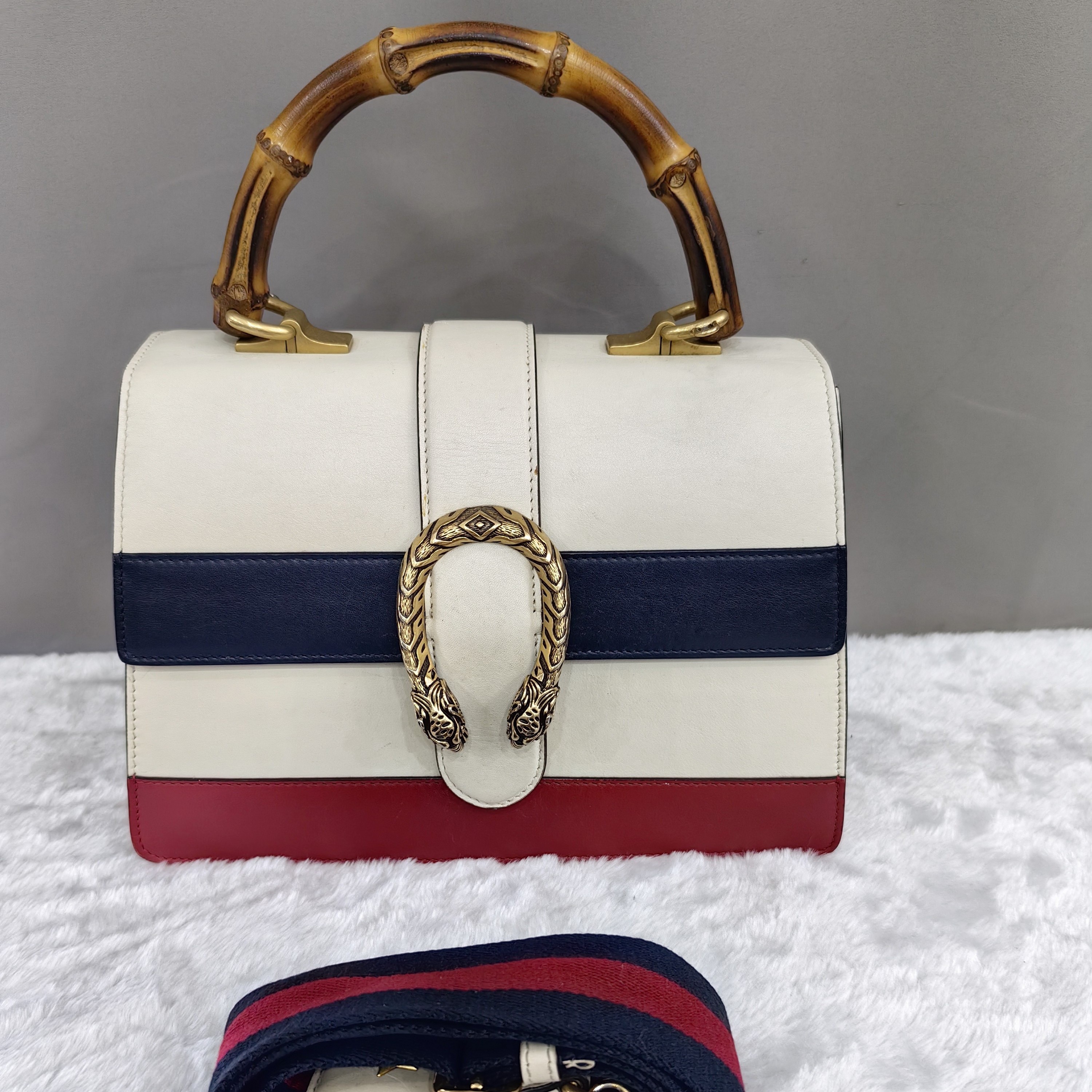 90新 GUCCI/古驰 竹节酒神中号白色手提包手拎包风琴包