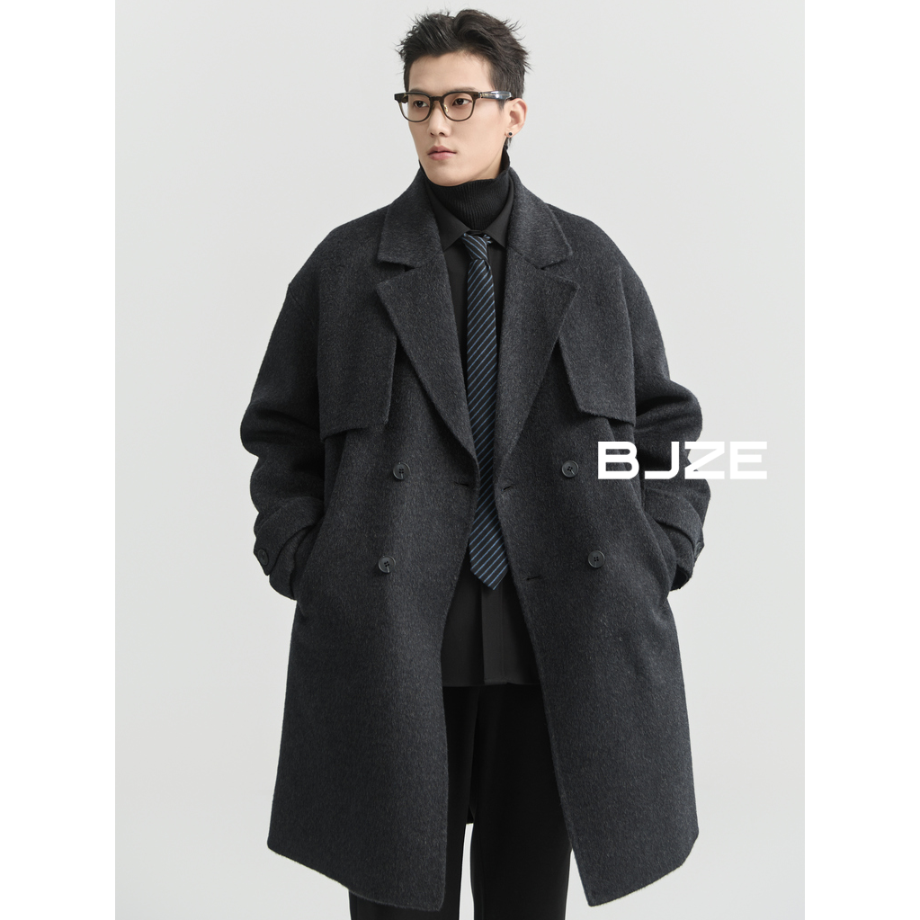 【桑蚕丝牦牛绒骆驼绒】BJZE新款双面呢宽松韩版羊毛呢大衣P441849