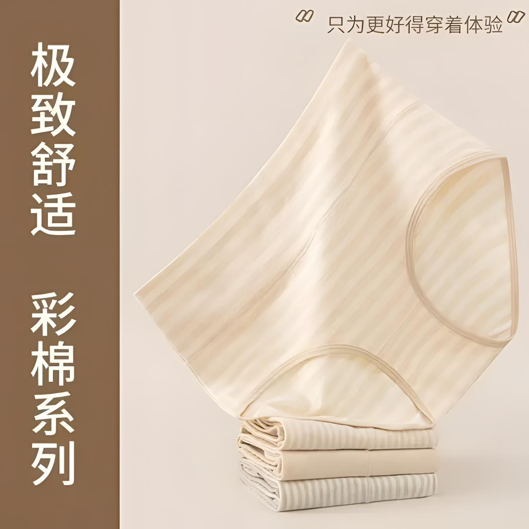 天竺棉彩棉女士透气中高腰大码抗菌舒适棉内穿短裤条纹