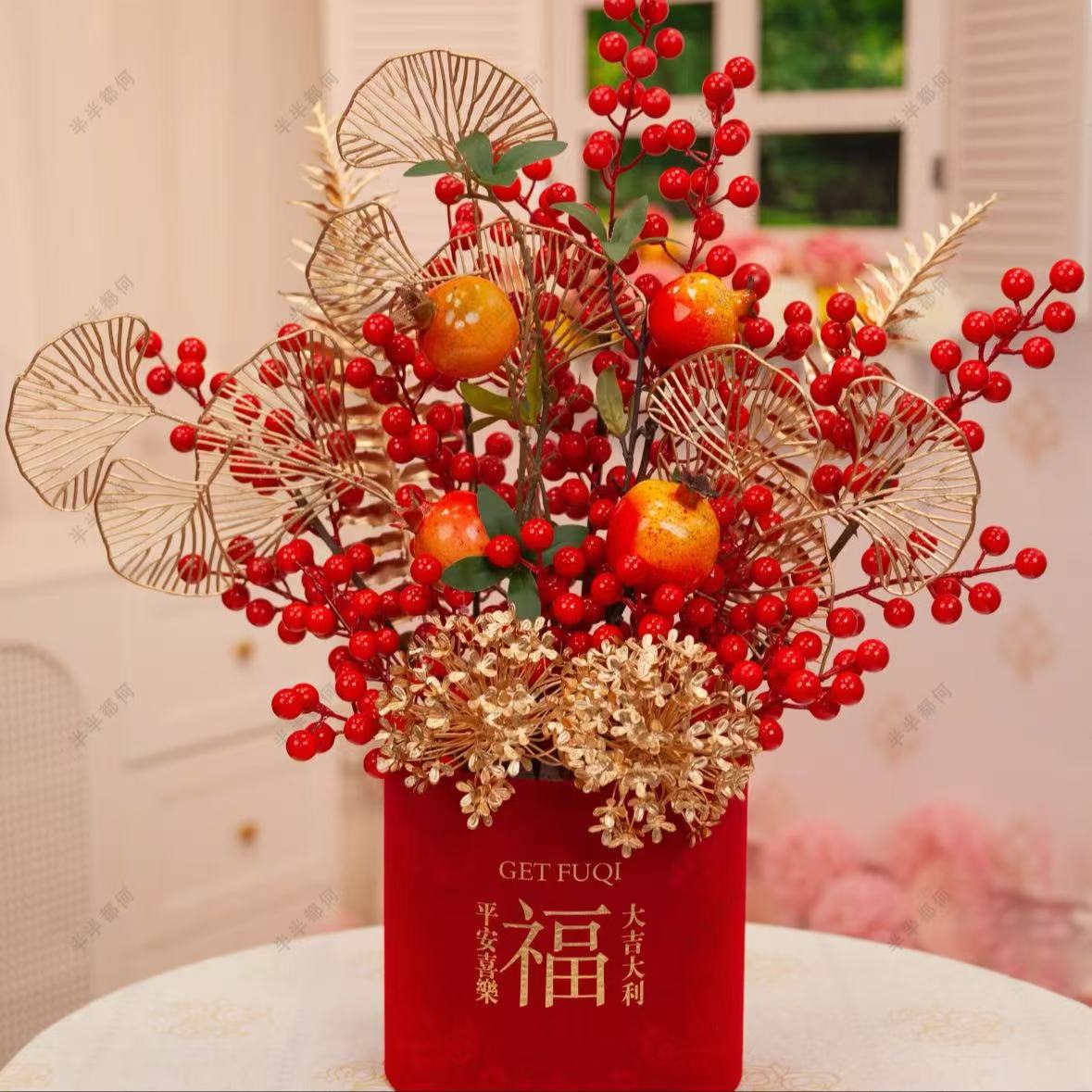 新中式仿真红浆果石榴插花红果福桶喜庆年宵花家居摆件乔迁摆设