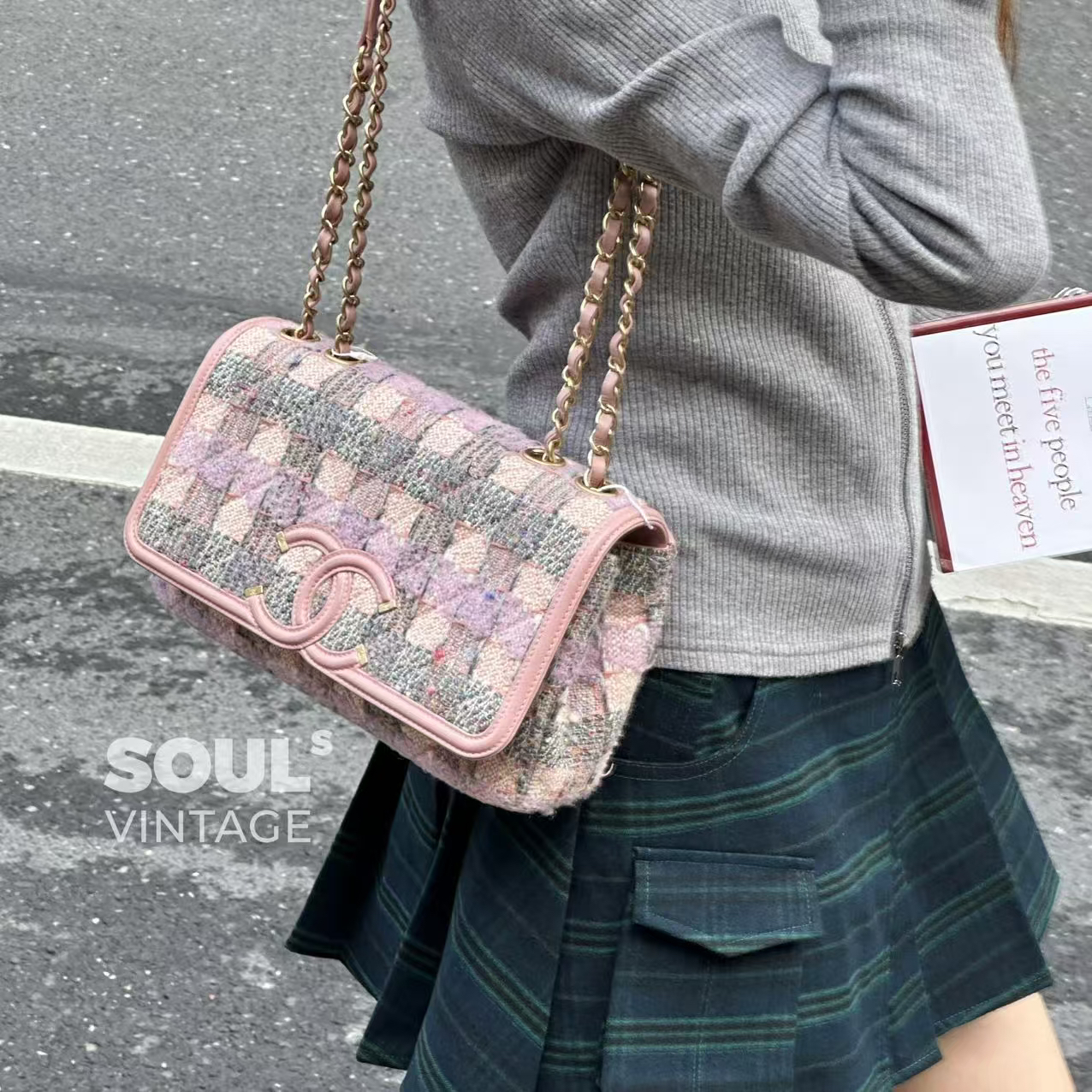 95新 Chanel/香奈儿 粉色粗花呢 cf口盖包/639531905