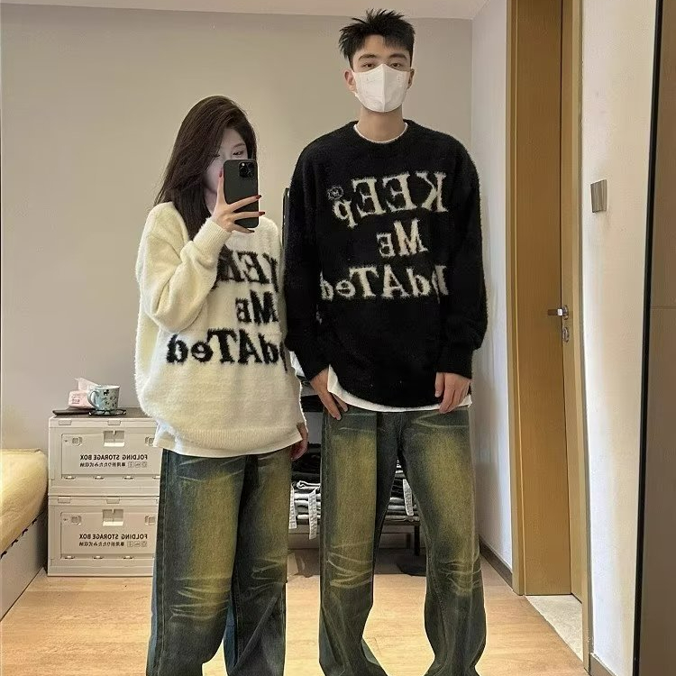 美式国潮软糯字母提花毛衣秋冬季男女新款宽松情侣针织衫高街百搭