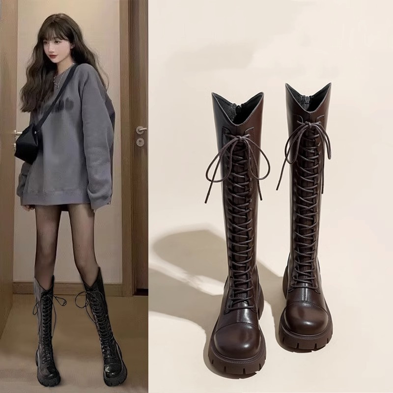 百丽纯爱长筒靴女2023年新款秋季马丁不过膝长靴高筒胖mm粗腿骑士