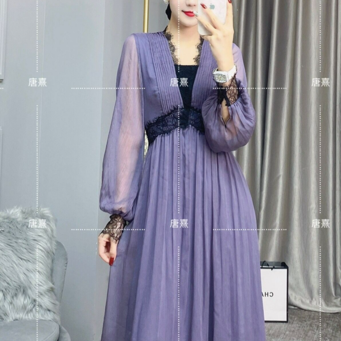 现货2025新款【247】蕾丝法式连衣裙时尚气质显瘦长袖裙子