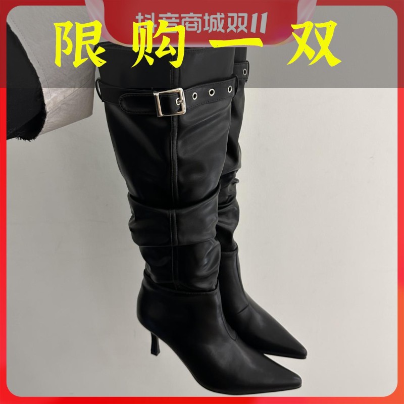 红蜻蜓牌2023秋冬新款皮带扣尖头细跟气质长靴高跟显瘦不过膝高
