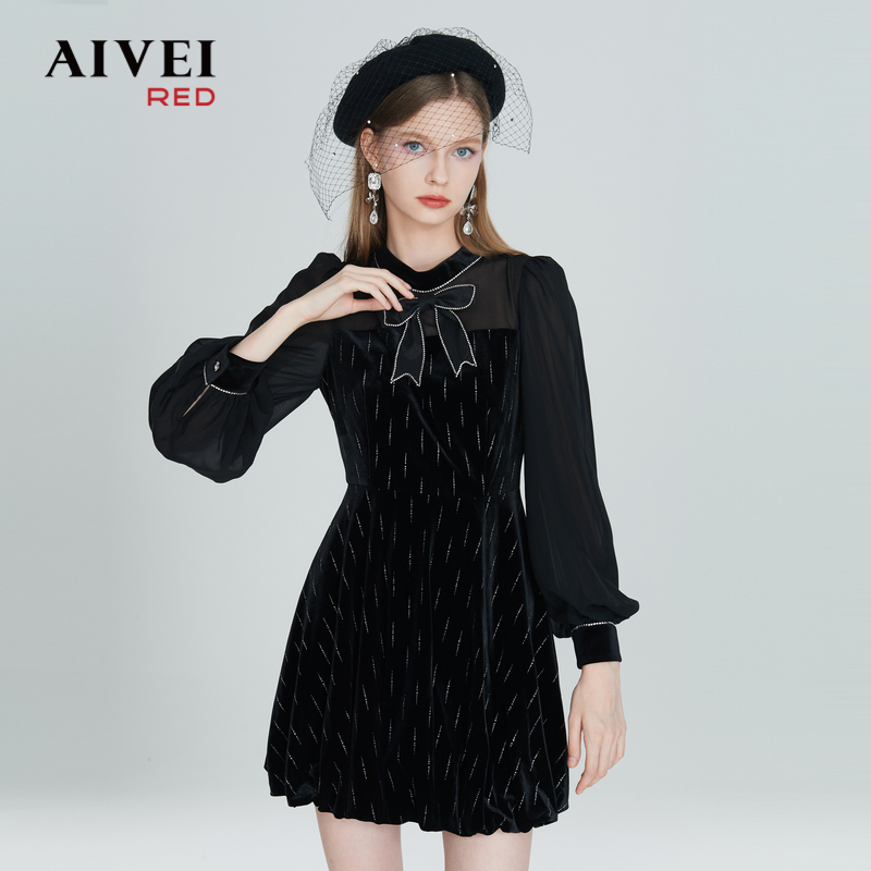 【陈大可专属】AIVEI雪纺拼接烫钻设计师丝绒连衣裙P0560126